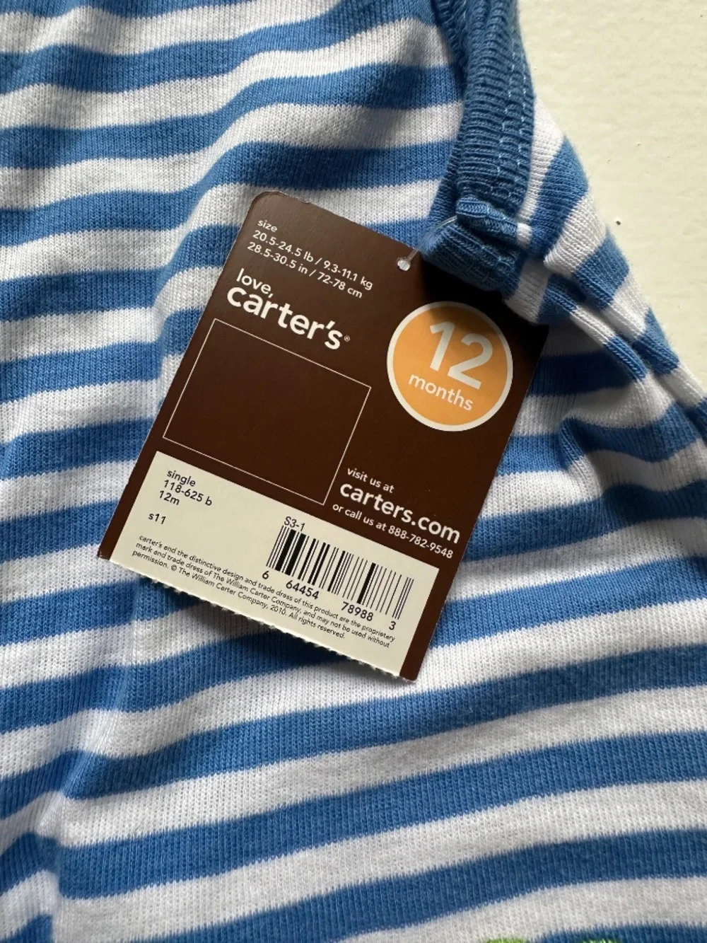 Carter's Baby Boy 12M Blue & White Striped Gator Romper / Creeper